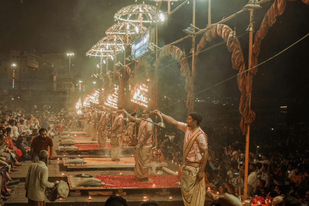 Experience the vibrant Ganga Aarti ritual on the ghats of Varanasi, India, capturing tradition and spirituality.